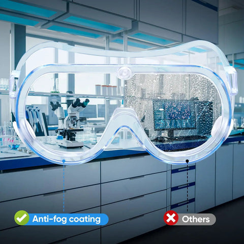 Anti-Fog Safety Goggles For Lab And Industrial Use HD Clear Eye Protection ANSI Z87.1 Approved, showing clear and foggy lenses.