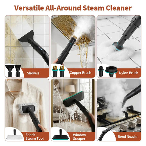 Gabtruk Handheld Steam Cleaner With 15S Fast Heat Up And 1.8L Tank for cleaning tiles, fabrics, and auto surfaces with various tools.