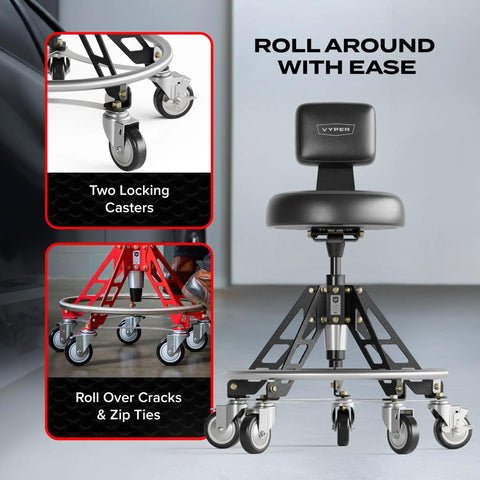 Elevated Steel EZ-Lift Shop Chair With Backrest For High Workbenches, 400 Lb Capacity, Rolling Stool With Industrial Casters
