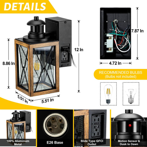 Porch Light With Built In Outlet And Motion Sensor, Dusk To Dawn Exterior Wall Mount Sconce, Anti Rust Outdoor Lighting For House Garage Front Patio, Two GFCI Receptacles, Easy Plug In, dimensions and features diagram
