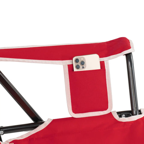 Comfort Pro Rocker Camping Chair With Drink Holder, highlighting red fabric armrest with phone pocket.