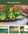 Close-up of Olive Green 17 Inch Tall Nine In One Metal Raised Garden Bed Kit with flowers, showing safety edging and round corners.