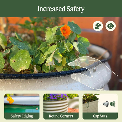 Close-up of Olive Green 17 Inch Tall Nine In One Metal Raised Garden Bed Kit with flowers, showing safety edging and round corners.