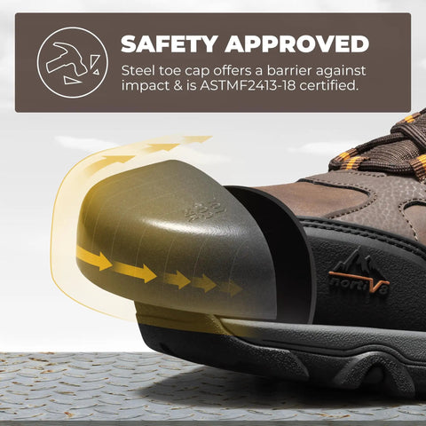 Close-up of Waterproof Steel Toe Boots For Men Paladin Steel Slip Resistant Safety Work Boots showing ASTM F2413 18 toe protection.