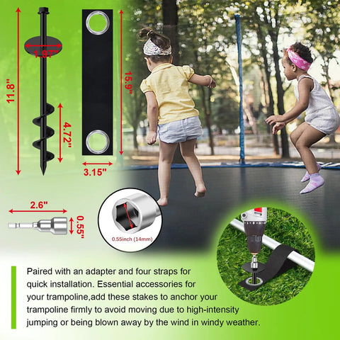 Four Pack Universal Ground Anchors For Trampolines Sheds Swing Sets And Mobile Homes With Straps in use with jumping kids