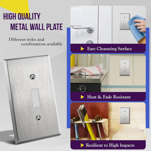 Image showing Heavy Duty Stainless Steel Toggle Light Switch Wall Plate 1-Gang 4.50 x 2.76 Cover in a variety of settings.