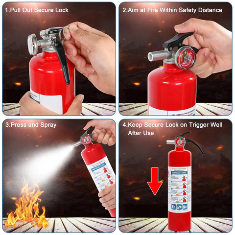 Instructions for using the 4 Pack Dry Chemical Fire Extinguishers 2.5 Lb With 1A:10B:C Rating For Home, Car, Boat, Quick Release Handle.