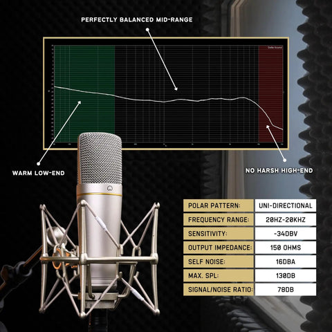 Studio Condenser Mic With 34mm Gold Diaphragm in shock mount, frequency response chart, ideal for home recording and vocals