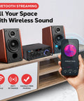 Beast 200W Peak Dual Channel Bluetooth Stereo Amplifier With LED Display, smartphone streaming, and smart speakers on shelf