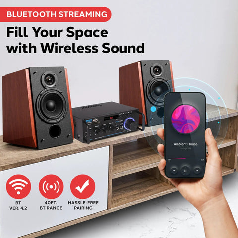 Beast 200W Peak Dual Channel Bluetooth Stereo Amplifier With LED Display, smartphone streaming, and smart speakers on shelf