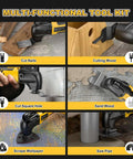 Cordless oscillating multi-tool kit (yellow/black), 22-pc; shows 6 tasks: nails, wood, drywall, grout, wallpaper, pipe.