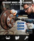 Person using impact wrench with All In One Seventeen Piece Wheel Hub Cleaning Tool Kit With Goggles And Gloves For Rust Removal And Surface Cleaning