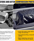 Before and after images showing Truck Bed Cargo Net Kit With Stretchable 4x6 to 8x12 Net and Removable Waterproof Tarp Cover for security.