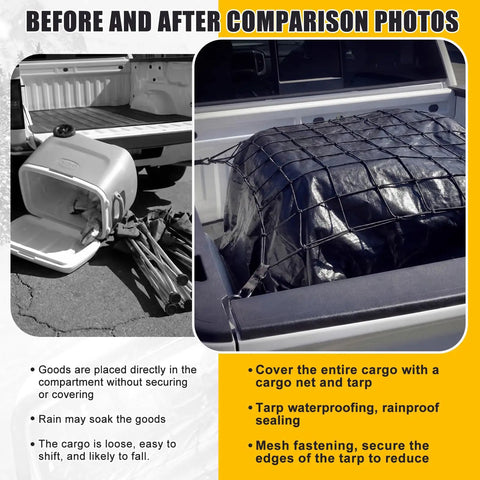 Before and after images showing Truck Bed Cargo Net Kit With Stretchable 4x6 to 8x12 Net and Removable Waterproof Tarp Cover for security.