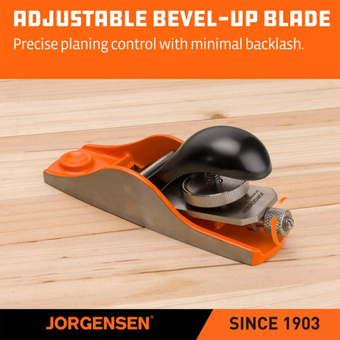Pro Grade O1 Tool Steel Low Angle Block Plane for Heavy Duty Wood Smoothing and Fine Carpentry Work with adjustable bevel-up blade.