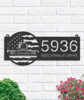 Personalized Farm Themed Metal Address Sign With US Flag Design And LED Lights Outdoor House Number Plaque Waterproof Wall Decor For Home Or Farm 6 Inch displayed on white brick wall.