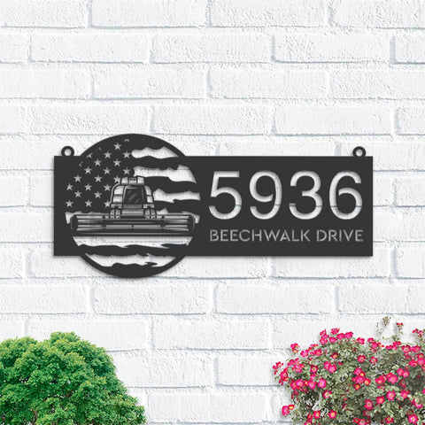 Personalized Farm Themed Metal Address Sign With US Flag Design And LED Lights Outdoor House Number Plaque Waterproof Wall Decor For Home Or Farm 6 Inch displayed on white brick wall.
