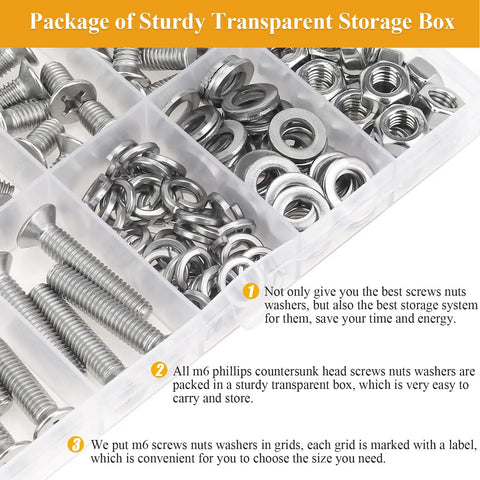 150 Piece M6 Countersunk Phillips Machine Screws Nuts Washers Set For 304 Stainless Steel Fully Threaded Assortment Kit M6 X 8/10/12/16/20/25/30mm Home DIY Projects And Quick Fixes displayed in a storage box.
