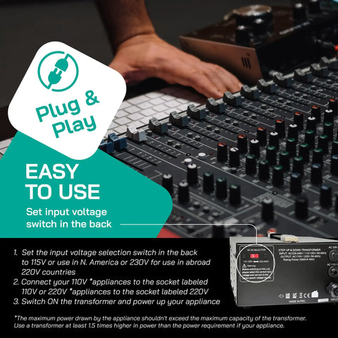 Beast 3000W Voltage Converter Transformer manual next to audio mixer console; displays setup instructions.