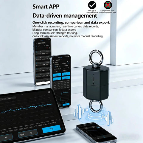 500kg Isometric Strength Tester With Push Pull Force Sensor App Control Rate Of Force Development And Peak Force Metrics Standard Edition For Explosive Power And Endurance Testing Built For Beast Mode, shown with phone app