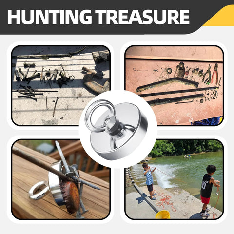 Front view: 2.36-inch neodymium fishing magnet kit with rope and handle for metal retrieval.