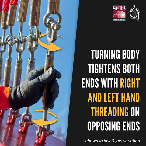 Heavy Duty Galvanized Turnbuckle Two Inch By Twenty Four Inch Jaw And Jaw Configuration shown in use with right and left hand threading.