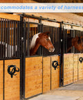 12-Count Horse Bridle Rack With Hooks And Tubes Screws mounted on stable walls, visible with horses inside stalls