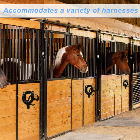 12-Count Horse Bridle Rack With Hooks And Tubes Screws mounted on stable walls, visible with horses inside stalls