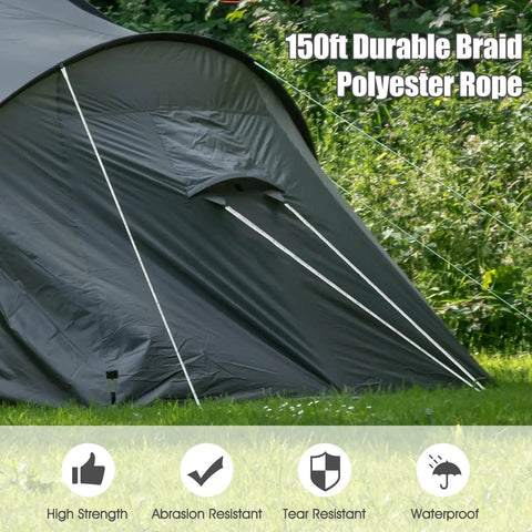 Tent secured with Beefy Double Braid Polyester Rope 150 Ft For Tie Down Pull Swing And Knot High Strength Outdoor Utility Rope
