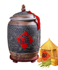 Premium Ceramic Rice Storage Container With Wooden Base Airtight Kitchen Canister For Flour And Grains Artful Chinese Design with intricate patterns.