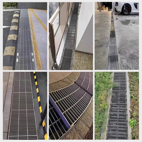 All Weather Trench Drainage System With Hidden Grate Kit for outdoor pathways, driveways, and patios in various installations.