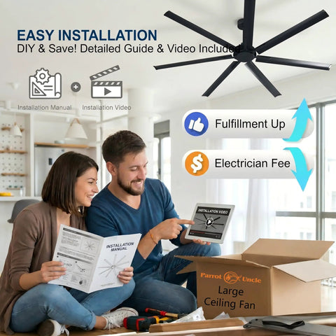 Couple installing 100 Inch Black Industrial Ceiling Fan No Light With Remote Control, Reversible 7 Aluminum Blades.