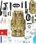 Survival Gear Pro Kit with 70L large camo backpack and 38-piece first aid survival set for outdoor adventure, hiking, trekking.