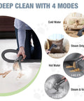 Slick Steam Portable Carpet And Upholstery Cleaner With 16Kpa Pressure, user demonstrating four cleaning modes on carpets.