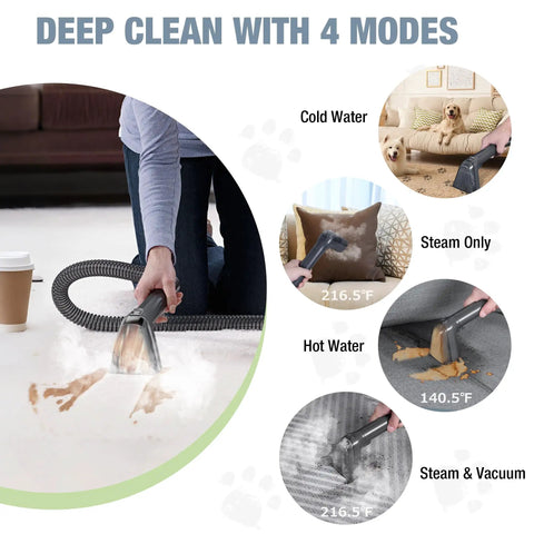 Slick Steam Portable Carpet And Upholstery Cleaner With 16Kpa Pressure, user demonstrating four cleaning modes on carpets.
