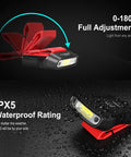Rechargeable Motion Sensor Cap Visor Light With 100 Lumen COB LED Clip On Hat Light shown adjusting with IPX5 waterproof rating