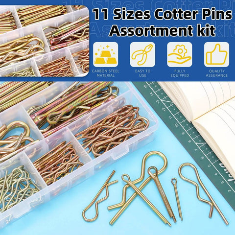 208 Piece Cotter Pin And Hairpin R Clip Set With 11 Sizes For Small Engines And Automotive Work, Colored Zinc Plated Pins And Hitch Clips