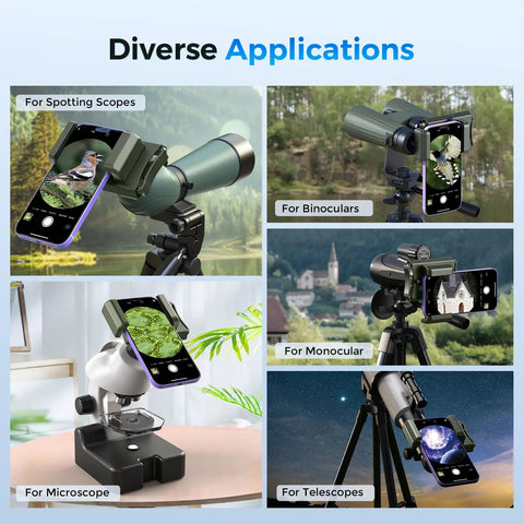 360 Degree Rotatable Telescope Phone Adapter for Android and iPhone in use with telescopes, binoculars, microscopes, and monoculars