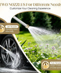 Heavy Duty Garden Power Washer Kit with Quick Connect Wand, jet and fan nozzles spraying water on car wheel and plants