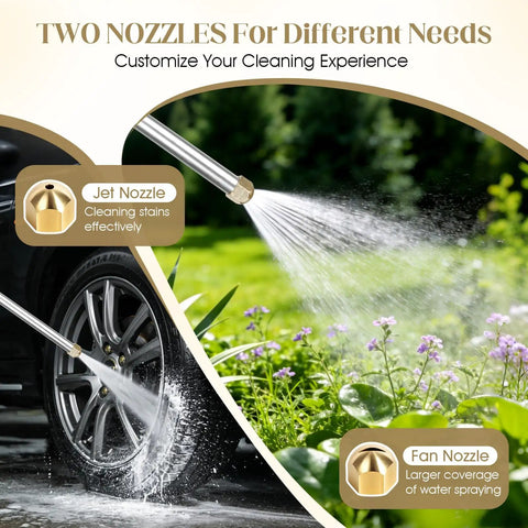 Heavy Duty Garden Power Washer Kit with Quick Connect Wand, jet and fan nozzles spraying water on car wheel and plants