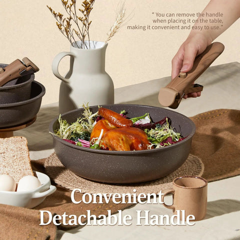 21 Piece Pots And Pans Set With Detachable Handles Nonstick Cookware Induction Compatible Oven Safe Dishwasher Safe Even Heating Stain Resistant From Stovetop To Table No Fuss Brown RV Kitchen with detachable handle shown on table setting.
