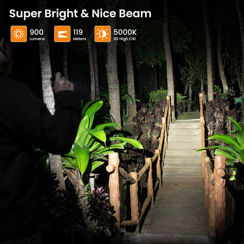Person using Sofirn SP10 Pro BLF Anduril2 Version Mini EDC Flashlight With LH351D LED 90 CRI illuminating a garden path at night
