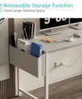 White Computer Desk With Built In Power Outlet And USB Charging Station 55 Inch Teen Study Table removable storage feature