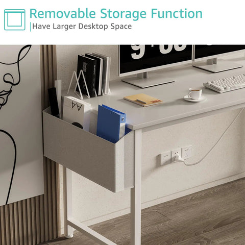 White Computer Desk With Built In Power Outlet And USB Charging Station 55 Inch Teen Study Table removable storage feature