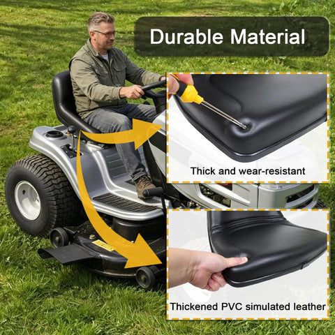 Universal Forklift Seat With Reinforced Steel Backrest And Built In Safety Micro Switch Engineered For Heavy Rig Work That Keeps You Secure And Solid Through Every Shift, shown on a riding mower with durable PVC material.