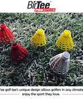 Pro Speed Version Golf Tees for Indoor Golf and Simulator Use, colorful plastic tees on frosty grass