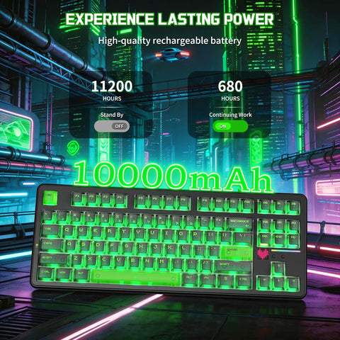 TKL Wireless Mechanical Gaming Keyboard Black Built Different With Massive 10000Mah Battery glowing under neon lights.
