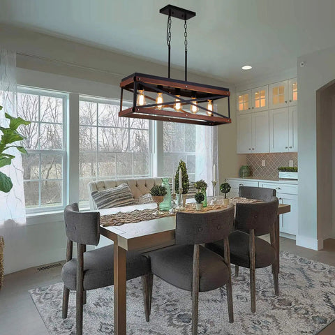 Dope Industrial Rustic Wood And Metal Linear Pendant Chandelier With Five Lights over dining table in bright kitchen