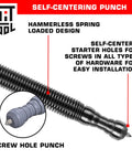 Heavy Duty No Sweat Self Centering Screw Hole Punch With Hammerless Spring Action For Spot On Drill Marks shown with detailed grip design.