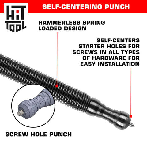 Heavy Duty No Sweat Self Centering Screw Hole Punch With Hammerless Spring Action For Spot On Drill Marks shown with detailed grip design.